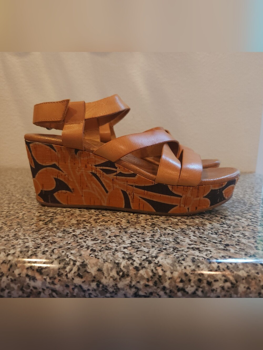 Womens Tan Leather Platform Wedge Sandals